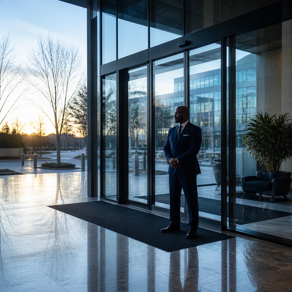 Corporate campus glass lobby