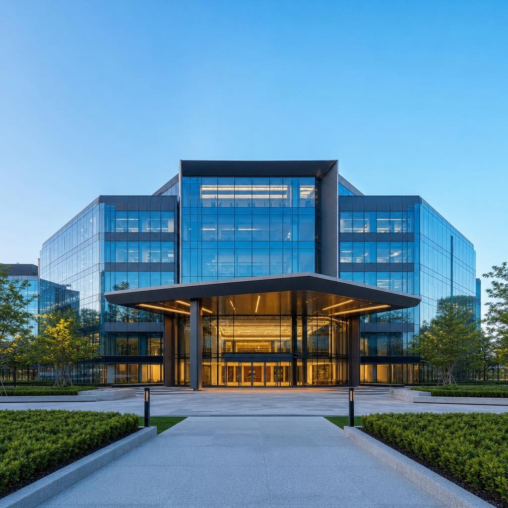 Modern corporate headquarters glass building at dusk